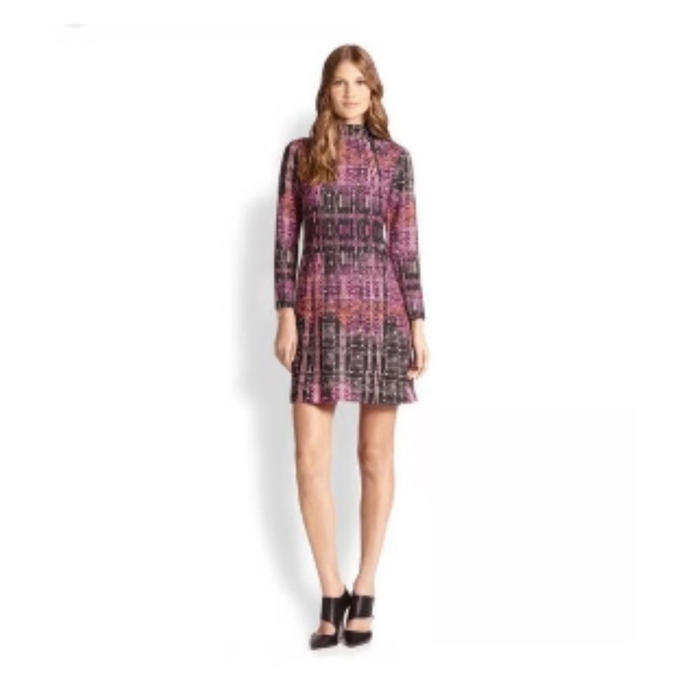 Nanette Lepore Women's Black Pink‎ Patterned High Neck Long Sleeved Dress Size 2